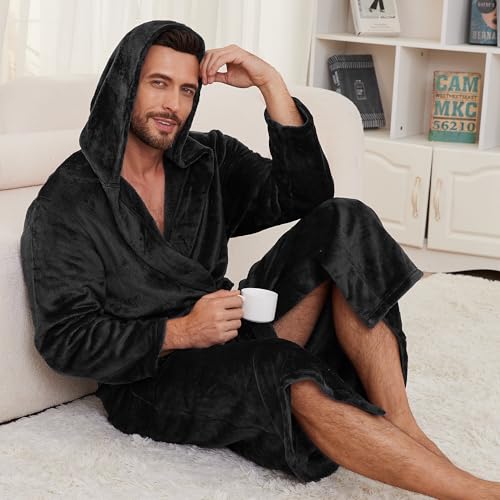 Mens Hooded Fleece Robe, Lightweight Soft Warm Fleece Bathrobe Shower Spa Long Robe With Pockets4
