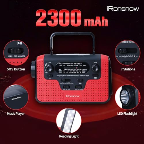 Image of Solar Hand Crank Emergency AM /FM /SW /NOAA Radio, Real NOAA Alert Weather Radio with SOS Alarm, TF Card Speaker, LED Flashlight & Reading Lamp, Phone Charger for Camping, Emergency (Red in)
