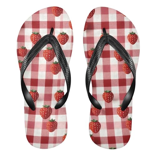 Flip Flop Sandals Plaid Strawberry Print for Women Men Beach Outdoor XS
