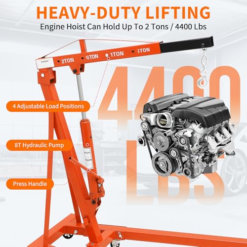 Image of GarveeTech 2-Ton Folding Engine Hoist Cherry Picker 4400 Lb Capacity Hydraulic Shop Crane with Telescoping Boom 6 Caster Wheels for Automotive Repair Garage Use Includes Hitch and Storage Stand Red