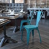 EMMA + OLIVER Commercial Grade Distressed Blue-Teal Metal Indoor-Outdoor Stackable Chair