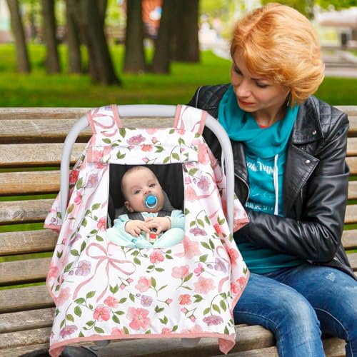 Image of Baby Carseat Seat Cover Girls, Winter Carseat Canopy, Cozy & Warm Cover with Zipper Peep Windows, Infant Minky Carrier Cover, Soft Breathable, Baby Must Have, Pink Bow