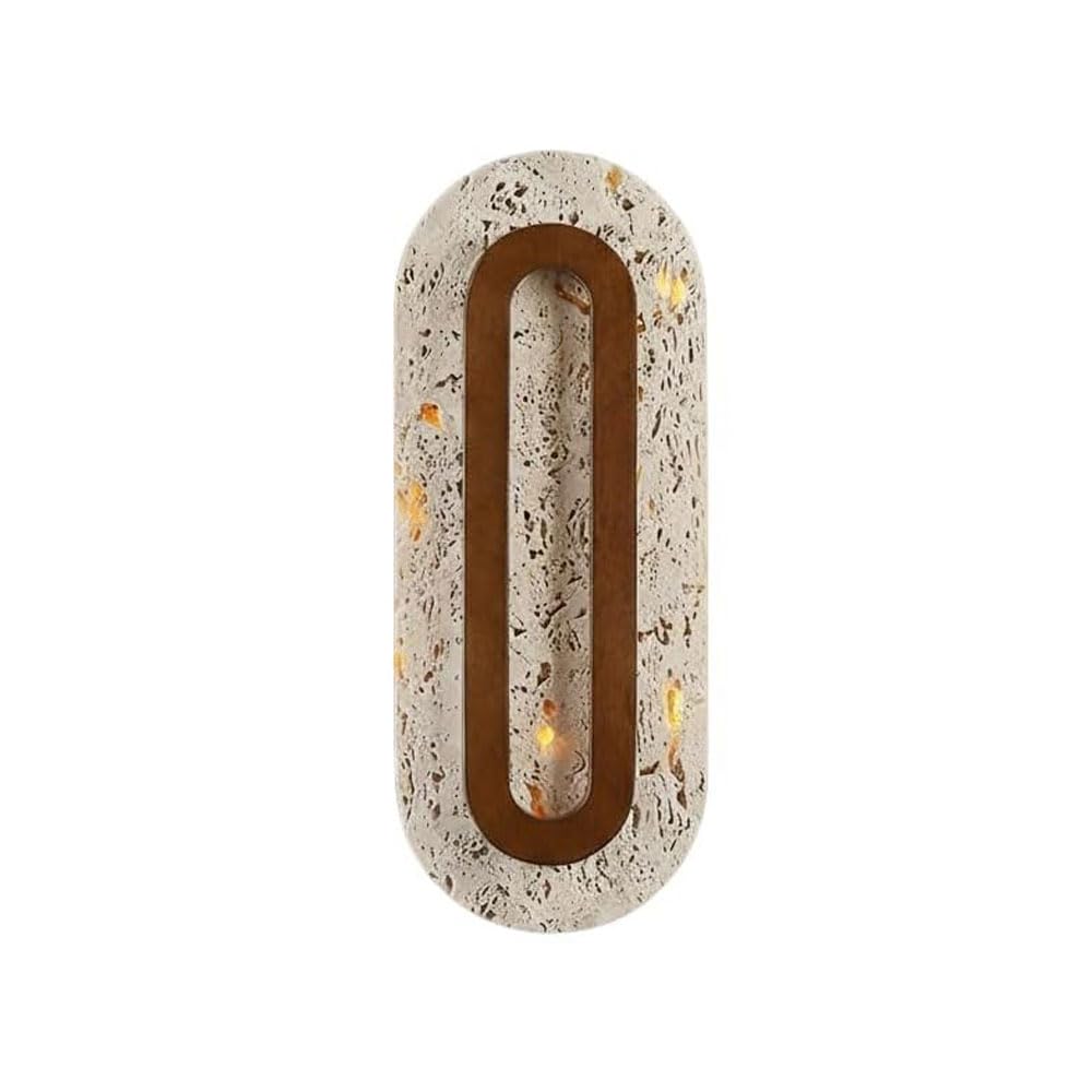 JISHUBO 11.8 Inch Oval Travertine Wall Light, Industrial Natural Stone Wall Sconce, LED Light Source Wood Wall Lamp, Restaurant Living Room Bedroom Decoration Lighting Fixtures