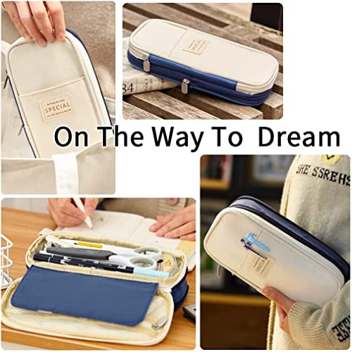 Image of FINEMOE Canvas Big Capacity Pencil Pen Case Office College School Large Storage High Capacity Bag Pouch Holder Box Organizer (Blue)