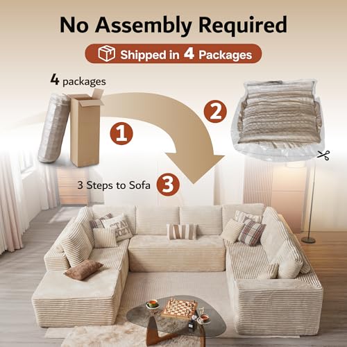 ovios Sectional Cloud Couch for Living Room, Modular Floor Sofa with Plush Corduroy, No Assembly Required, Big Comfy Couches Set with Fluffy Memory Foam, Stupendous U Shaped Sofas with Chaise, Beige