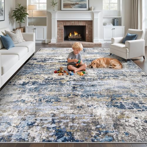 pmtsns Area Rugs 8x10 for Living Room: Washable Rug Modern Abstract Neutral Soft Non-Slip Low-Pile Indoor Large Carpet for Bedroom Dining Room Home Office Children's Room(Blue Grey Brown, 8'x10')