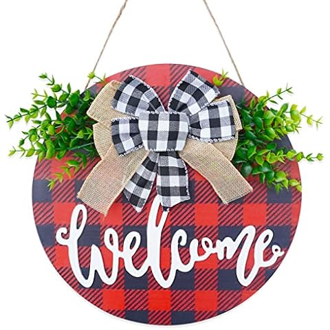 Welcome Sign for Front Door,Round Wood Welcome Sign Hanging for Farmhouse Porch Decorations,Welcome Wreaths Sign for Home Outdoor Indoor-Dogs Lovers Decoration Housewarming Gift(Red Cover