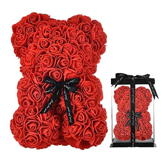 Rose Teddy Bear Fully Assembled Rose Bear - Over 250 Dozen Artificial Flowers - Valentines Day,Gift for Mothers Day, Anniversary & Bridal Showers - 10 inch Clear Gift Box (red)