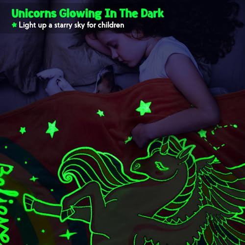 Image of Jekeno Unicorn Toys Gifts for Girls Glow in the Dark Blanket, 50 inchx 60 inch | Unicorn Gifts for Girls birthday Christmas Valentine's Easter Soft Flannel Fleece Throw Blanket for Age 1-18 Years Old