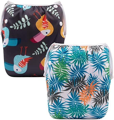 ALVABABY Baby Swim Diapers 2pcs One Size Reuseable Washable & Adjustable for Swimming Lesson & Baby Shower Gifts Baby Boy Girl (Parrot&Leaf, Large)