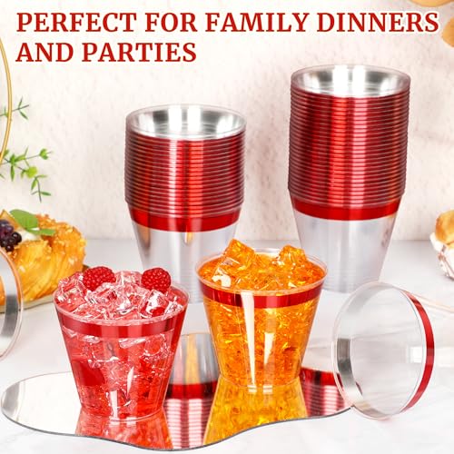 Image of 120 Pcs Red Plastic Cups,9Oz Red Rimmed Plastic Cups,Heavy Duty Clear Disposable Plasitc Cocktail Tumblers Wine Cup for Party,Wedding,Birthday,Christmas
