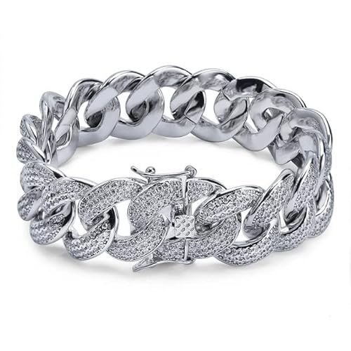 LOYJOY Maimi Cuban Link Bracelet Hip Hop Gold Color Iced Out Micro Pave Cubic Zircon Men's Bracelet Jewelry - Silver - 7inch