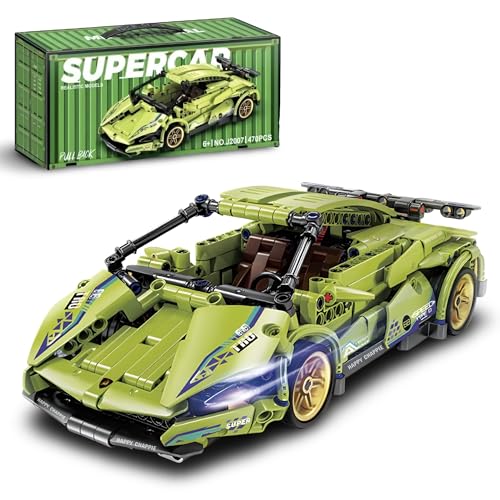 Image of Mechanical Super Car Building Blocks (470 PCS) | Pull Back Function, Openable Doors, Rubber Wheels with Golden Spokes | Highly Detailed Car Model Construction Toy for Kids 6+ Years