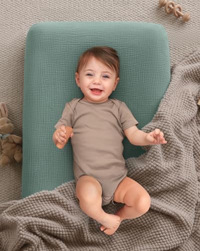 Image of Blissful Diary Muslin Changing Pad Cover for Baby Girls Boys, Ultra Soft Breathable Cotton, Baby Diaper Change Table Pad Covers, 2Pack (Checkered Green & Sage Green)