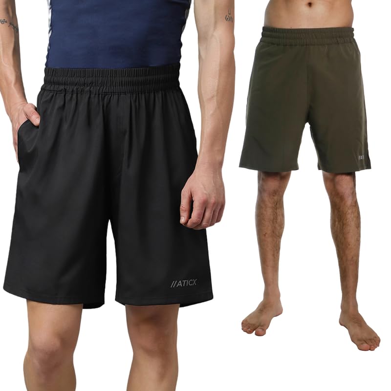 Image of ATICX Polyester Shorts for Men - Quick Dry Lightweight with Zipper Pockets - Gym, Running, Jogging, Training Half Pants for Basketball, Swimming, Badminton, Cycling, Football, Outdoor & Home Wear