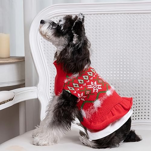 CuteBone Weihnachten roter Hundepullover Kleid Schneeflocke Welpe Wintermantel Hund Rüschenkleid Katzenbekleidung mit Loch für die Leine für kleine mittelgroße Hunde DS85L-DE