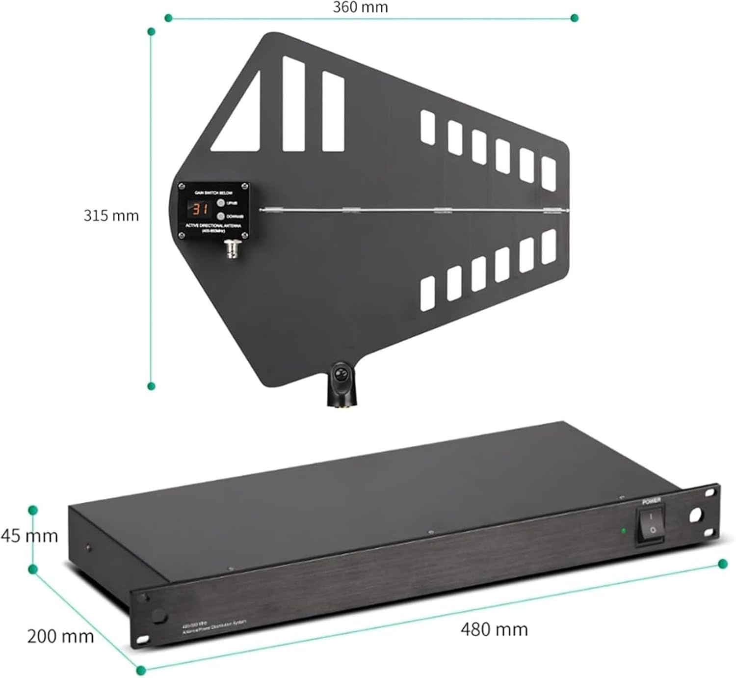 Amplificatore di segnale microfono wireless, antenna direzionale attiva, 8 uscite + 2 porte a cascata, gamma di frequenza 400-950 MHz, copre una distanza di segnale di 1000 m