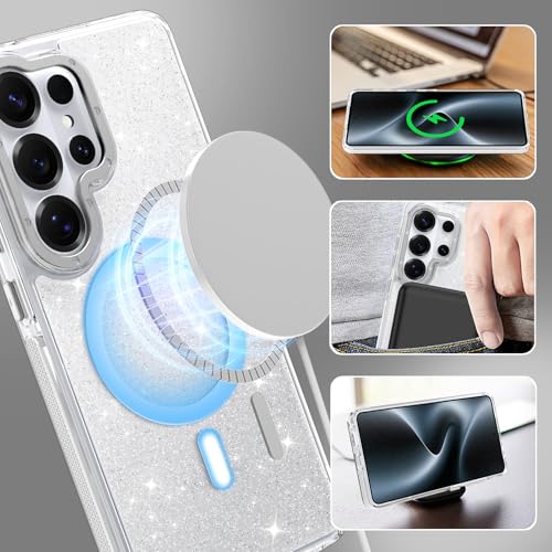 Image of Magnetic Case for Samsung Galaxy S26 Ultra [Compatible with Magsafe] [Bling Glitter Fluorescent Design] [1 Screen Protector] Slim Translucent Matte Case for Galaxy S26 Ultra 6.9 inch, White