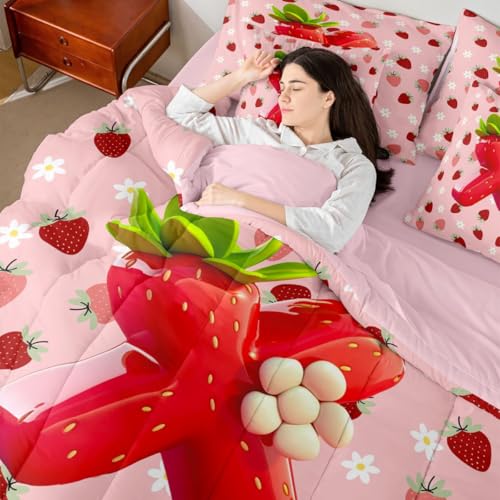 Image of Feelyou Girls Pink Red Strawberry Comforter Set Queen Size 7 Pieces Initial Letter X Bedding Set Kids Boys Girls Princess Strawberry Bed in a Bag with Comforter, Sheets, Pillowcases, Cushion Covers
