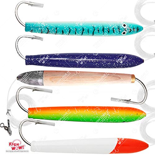 5Pcs Fish Wow! 6" Fishing Cedar Plugs Rigged Tuna Mahi Trolling Wood Lure - Natural, Zucchini, Purple, Blue/White & Red/White #TOP23