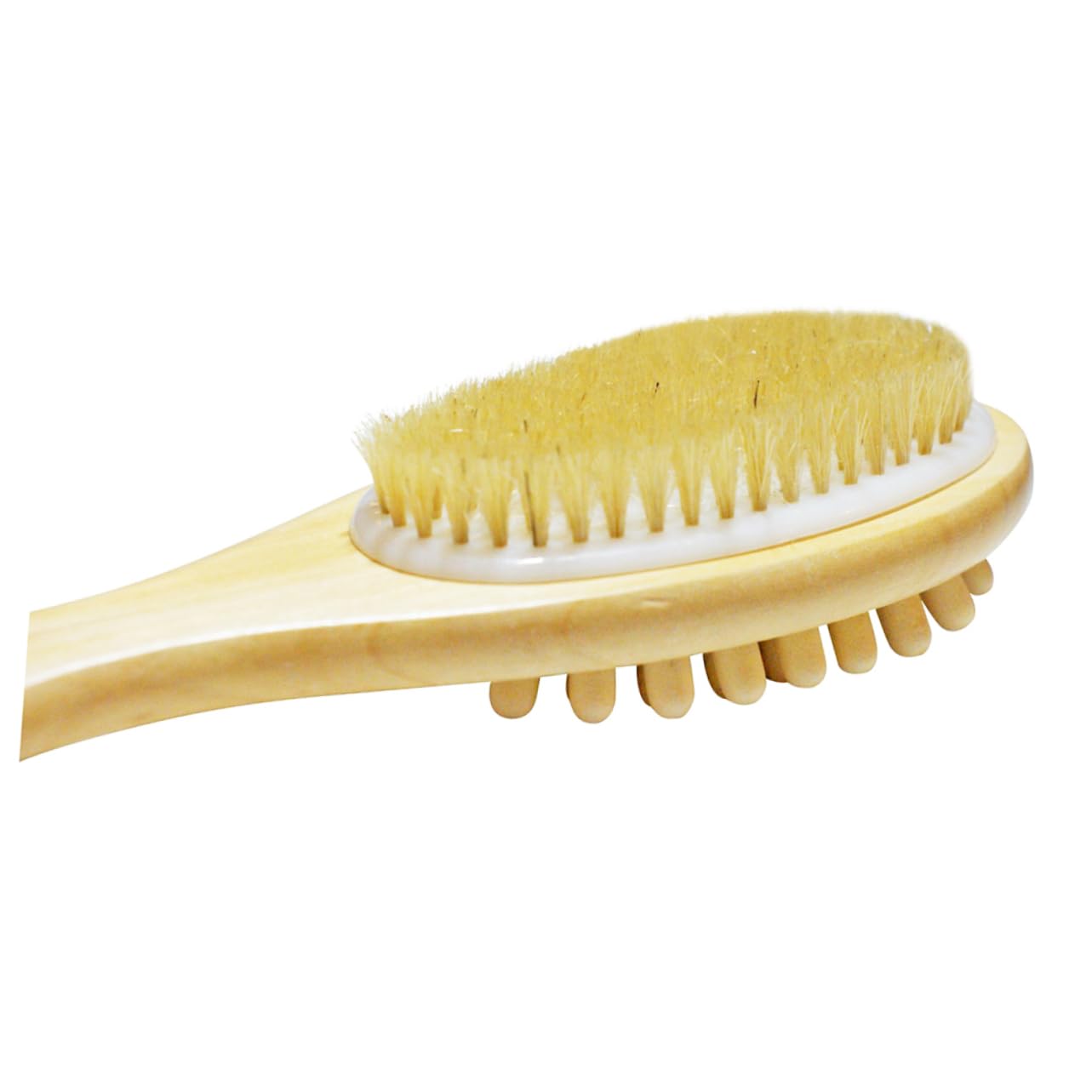 Mikinona Wooden Bath Brush with Long Handle Dual-Sided Exfoliating Shower Brush for Body Massage Bristle Scrubber for Soft Smooth Skin for Feet Knees and Legs