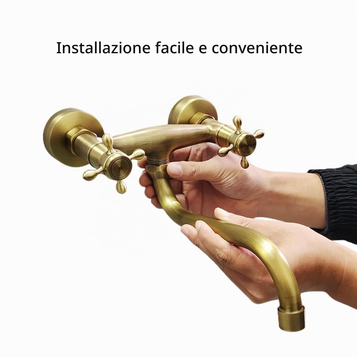 Rubinetto Lavello a Muro Ottone Anticato, Miscelatore Cucina a Parete Bronzo Retro, Girevole a 360° Rubinetto con Doppia Manopola Vintage per Cucina e Bagno