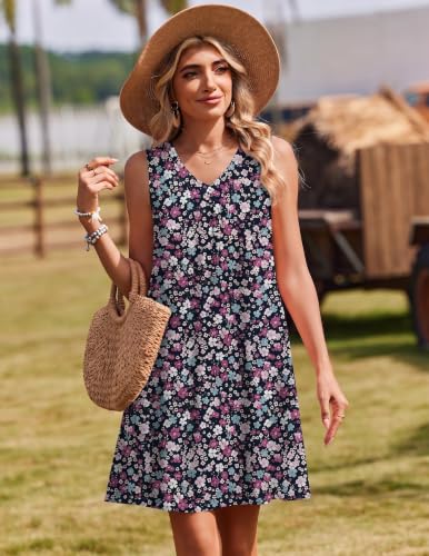 Image of Zeagoo Summer Dresses for Women 2026 Sleeveless Dress V Neck Tank Dress Pleated Floral Tshirt Sundresses with Pockets