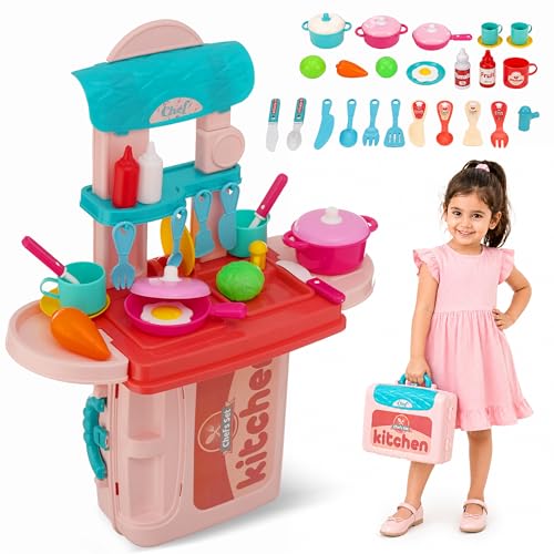 Lifelong Compact Kitchen Play Set for Kids 3–5 Years | Portable Suitcase Toy Kitchen | 28-Piece Pretend Cooking Accessories with Stove, Pots, Pans & Play Food | Plastic Playset for Girls (19*26*10)