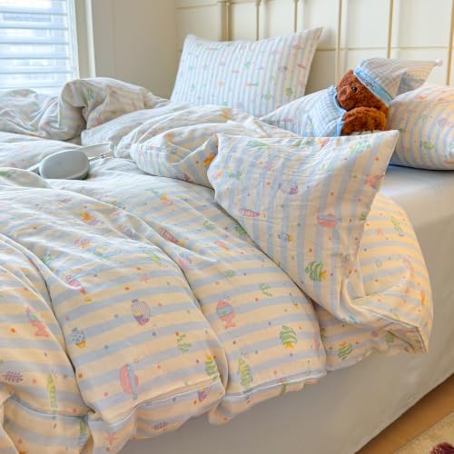 Image of VM VOUGEMARKET Kids Fish Duvet Cover Set Twin,Blue Striped