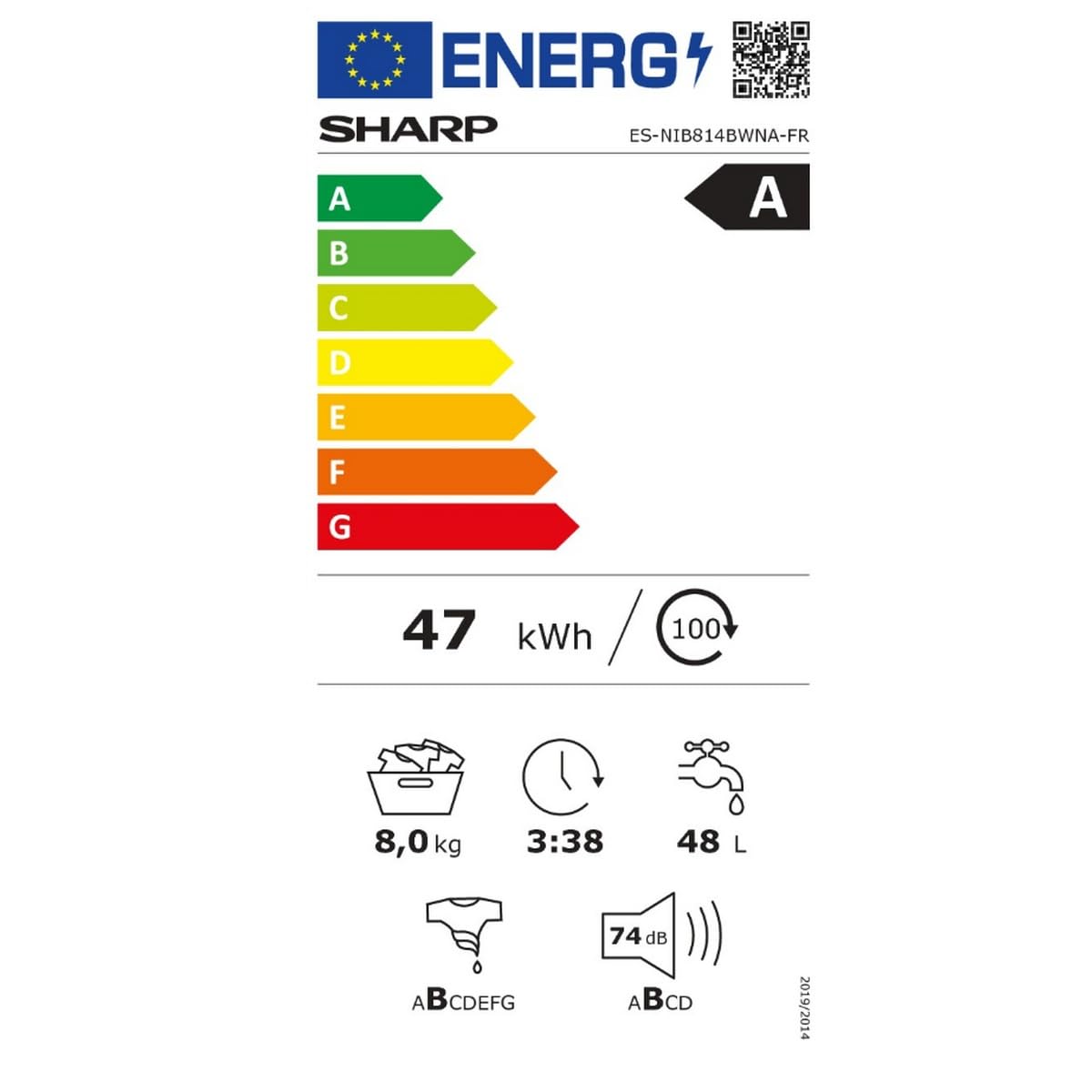 SHARP Lave linge encastrable ESNIB814BWNA, 8 kg, 15 prgrammes, 1400 tr/mn