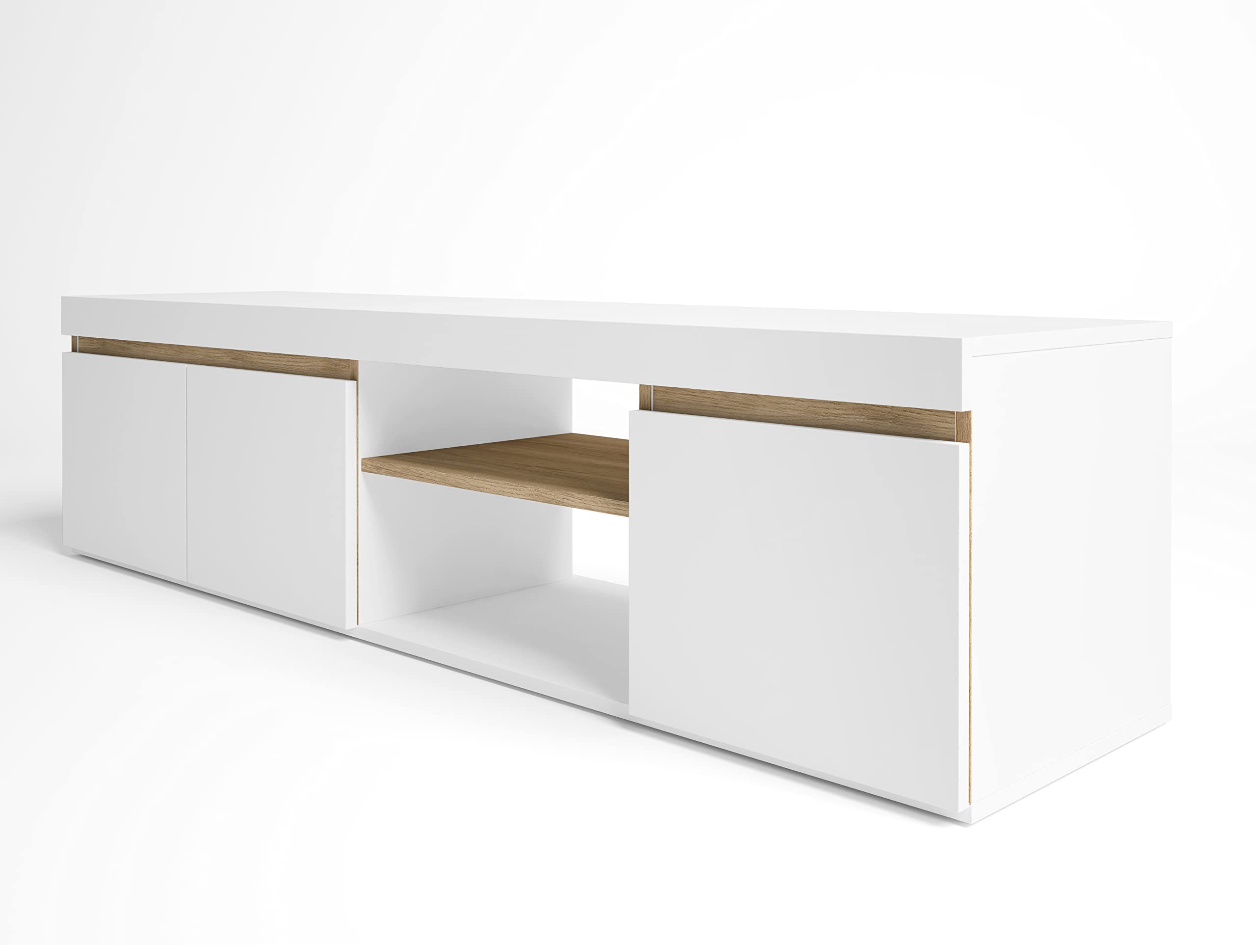Meuble TV Blanc et Bois 160x40,5x39,6 cm – Meuble Bas Design Moderne avec 3 Portes et Niche, pour Salon ou Chambre.