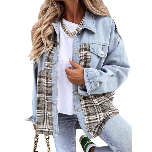 Denim Jacket for Women Oversized Casual Boyfriend Jean Jacket Button Down Long Sleeve Plaid Shacket Shirt with Pocket