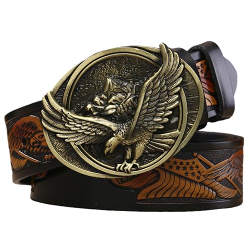 Men's Western Genuine Leather Belt - Engraved Fly Eagle Brass Oval Buckle