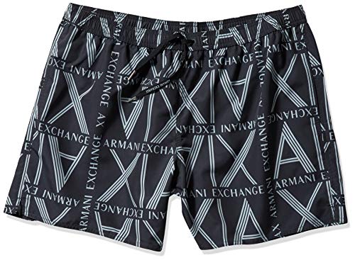 A|X Armani Exchange Men's Print Drawstring Swim Trunk, Navy/Squared Logo, L