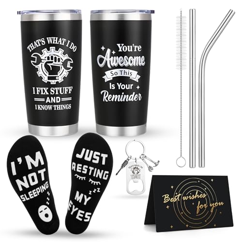 saerryor Birthday Gifts for Men, Personalised Presents for Men Birthday Christmas Fathers Day Valentines,Mechanic Mens Gift, 20oz Stainless Steel Travel Tumbler Gifts Set