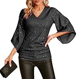 Sparkly Tops for Women 3/4 Sleeve Sequin Tops for Party Night Glitter V-Neck Dressy Blouse Black XL