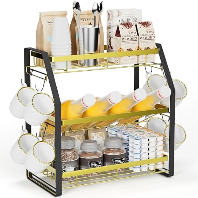 3 Tier Coffee Bar Organizer Gold & Black No-Screw Mounting