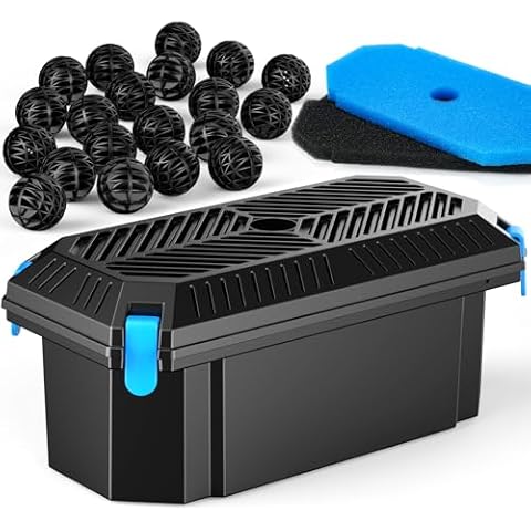 POPOSOAP Pond Filter for Outdoor Ponds, Filter Box with 2 Filter Pads and 20 Filter Balls for Outdoor Pond Pump Submersible Fountain Pump Water Pump Cover