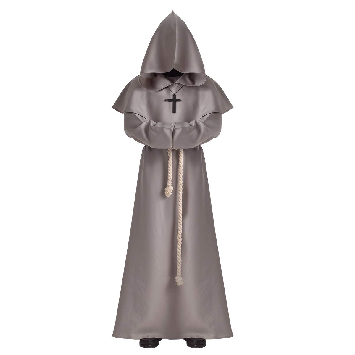BLESSUME Monk Costume Medieval Robe Priest Hooded Renaissance Friar Cowl Outfit (L,Grey)