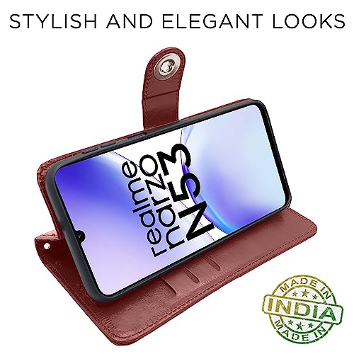 Image of Pikkme Realme Narzo N53 Flip Cover Leather Finish | Inside TPU with Card Pockets | Wallet Stand and Shock Proof | Complete Protection Button Flip Case (Brown)