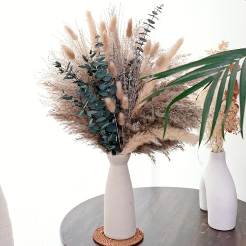 pampasgras deko - Tägliche Esszimmertisch Deko - Tischdeko & Trockenblumen Grünpampasgras Klein für Wohnzimmer, Deko Blumen Künstlich & Sommer Wohnung Deko im Boho Stil, Eucalyptus
