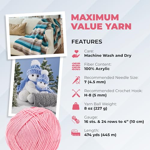 Image of Mary Maxim Maximum Value Acrylic Yarn for Crocheting and Knitting, Soft Worsted Weight Pink Yarn 4, Ideal for Blankets, Sweaters, Hats, and Scarves, 8 oz Skein (474 Yds), Medium Pink - 1 Skein