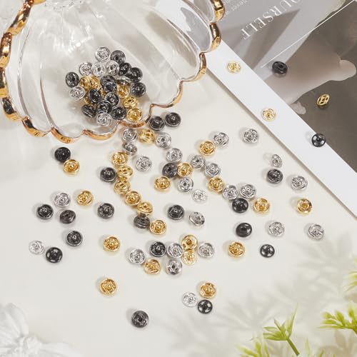192PCS 4 Colors 6MM Gold Black Silver Gunblack Brass Snap Fastener Button Metal Sew on Press Studs Leather Flat Round Poppers Buttons for Sewing Making Clothing Fabric Decorations Diy Crafts3