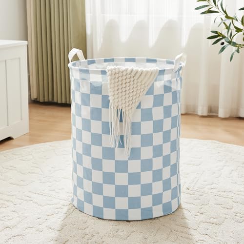 Image of Ohocut Blue Checkered Laundry Basket, Collapsible Aesthetic Cute Canvas Organizer Hamper Basket for Storage, Toy Bins, Bedroom Clothes, Children Nursery, Gift Basket