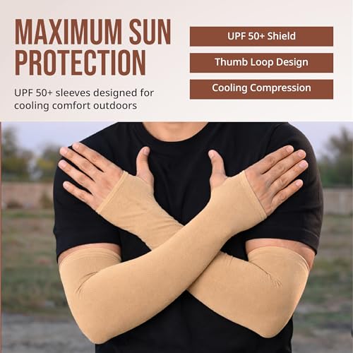 Image of UV Sun Protection Arm Sleeves for Men & Women - UPF 50+ Cooling Hand Cover for Biking, Cricket, Driving & Cycling - Tan Protection Guard