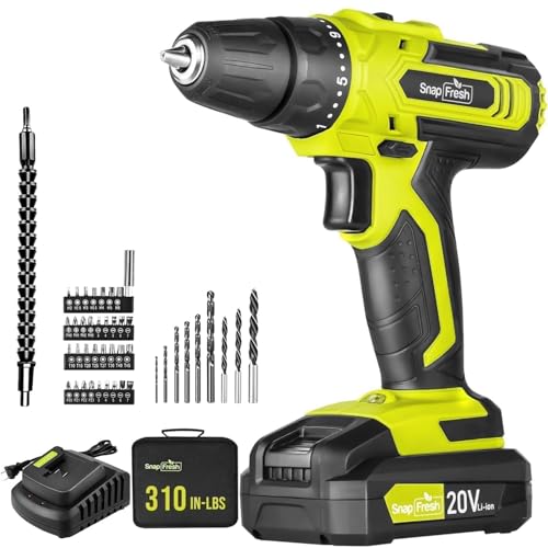SnapFresh 20V Cordless Drill Set, 3/8' Power Drill with 2 Variable Speed, 21+1 Torque Setting, LED, 43pcs Drill Bits, Impact Driver Kit for Home,DIY-2.0Ah Battery & Fast Charger Included