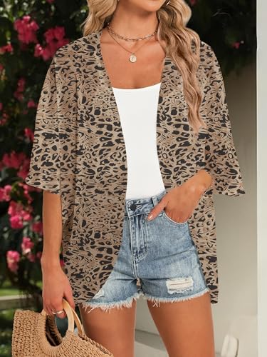 GKBK Women's Floral Puff Short Sleeve Shawl Chiffon Kimono Cardigan Loose Fit Swimsuit Coverup Summer Beach Blouse Boho Tops Beachwear Capes Swimwear Ladies Shirts Dressy Casual Clothes Leopard XXL — view 2