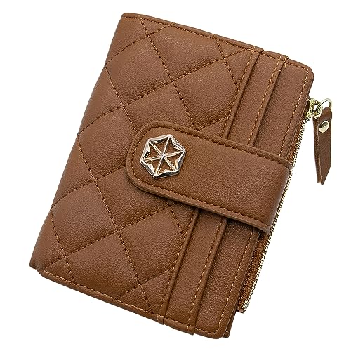 LJCZKA Womens Wallet Card Holder Small Bifold RFID Blocking Purse Short Quilted Leather Pocket for Women Girls Ladies (Brown)