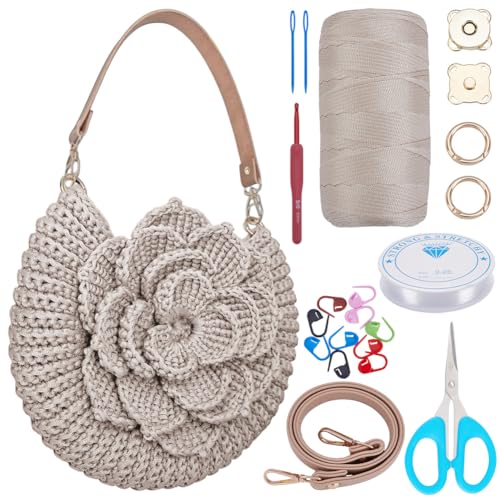 FREEBLOSS Kit de bolsa de crochê para iniciantes, kit de bolsa de crochê para iniciantes com tutoriais em vídeo passo a passo, bolsa de tricô de crochê de flores, projetos de artesanato para adultos
