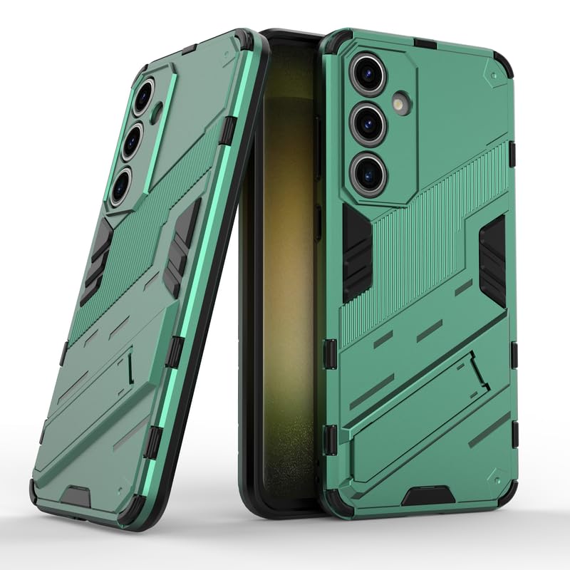 Image of Casodon Rugged Hard Back Case Cover for Samsung Galaxy S24 FE - Military-Grade Armor with Screen & Camera Guard, Dual-Layer Shockproof Design, Raised Edges, and Built-in Kickstand - Emerald Green